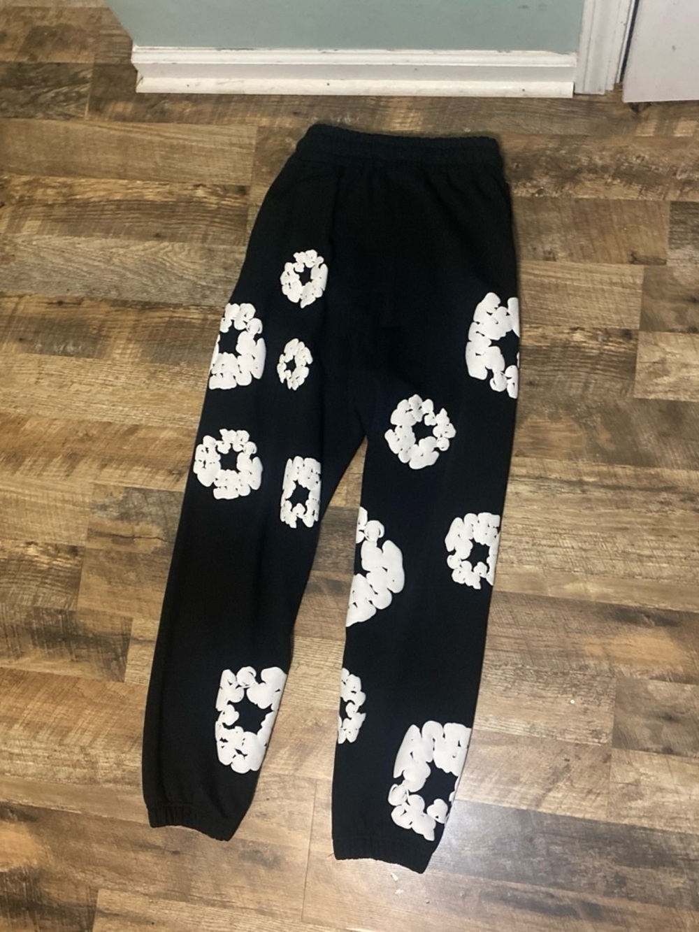 Black Sweatpants with White Floral Ring Print